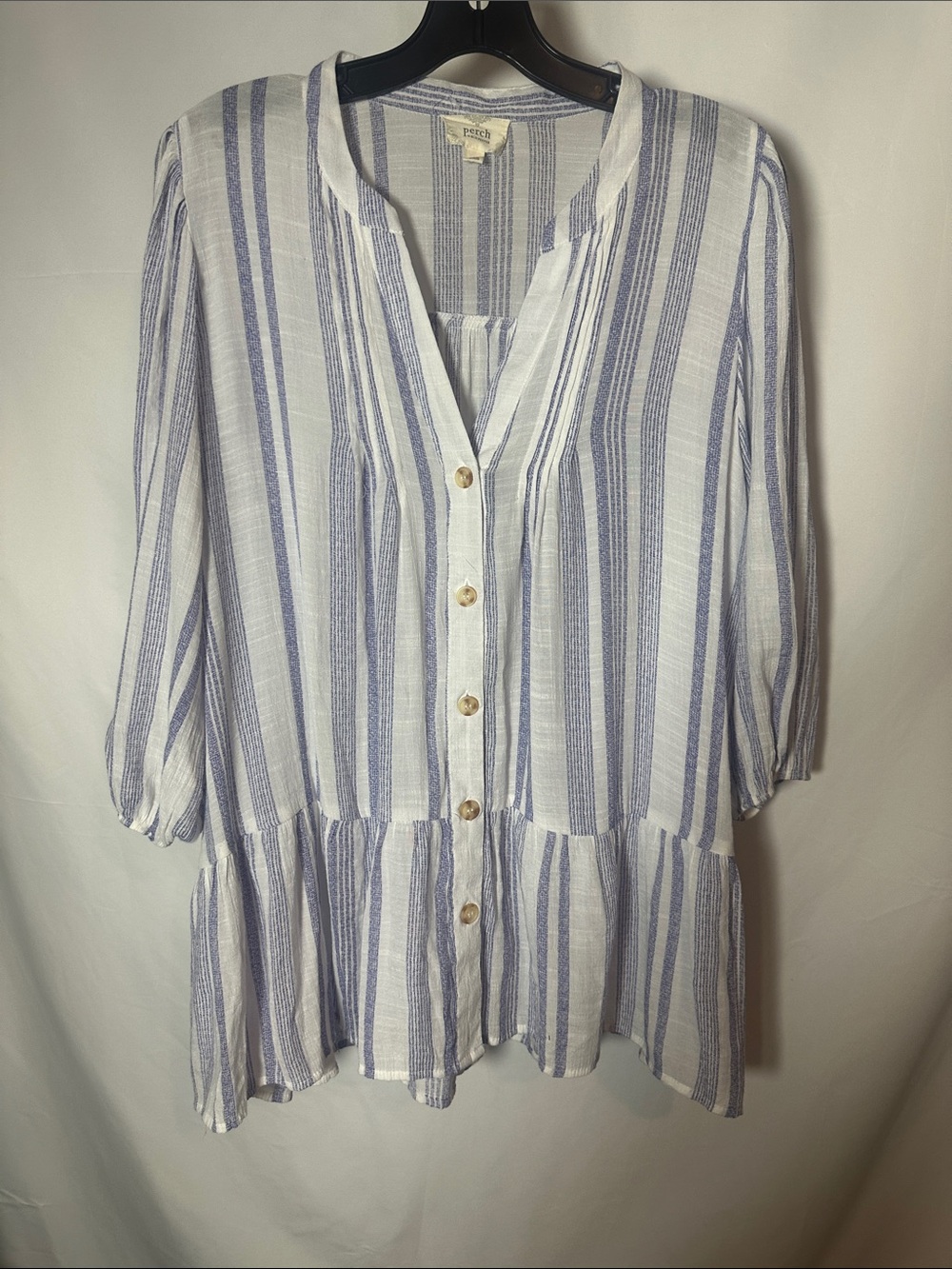 Papermoon White and Blue Striped Button-Front Peplum Tunic